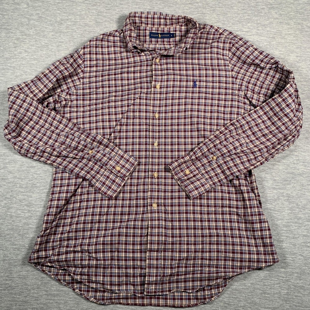 Ralph Lauren Shirt Mens Large Plaid Burgundy Blue Button Down Classic Cotton